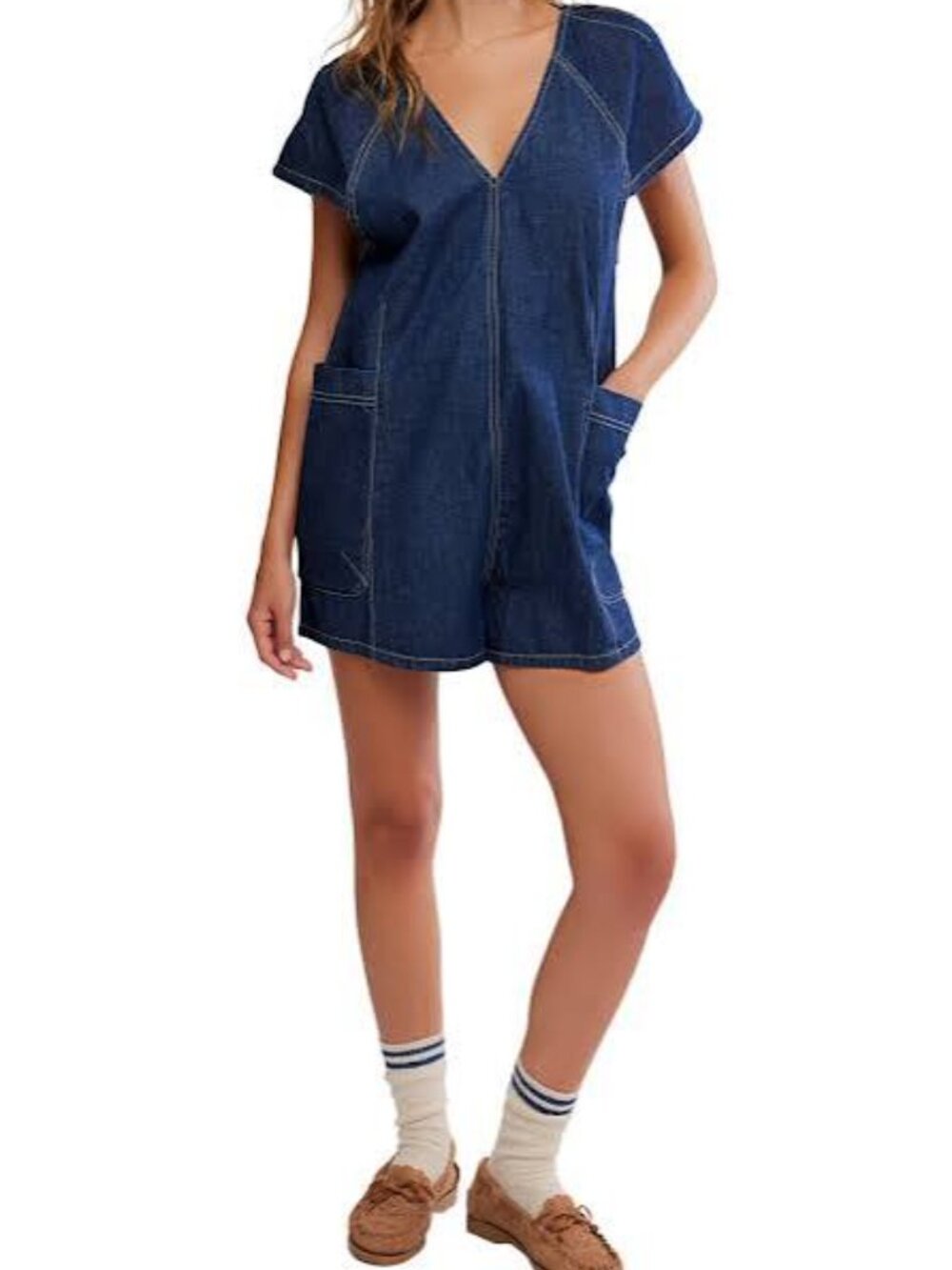 FREE PEOPLE Free Fall Denim Romper in Deep Blue NWOT SZ M